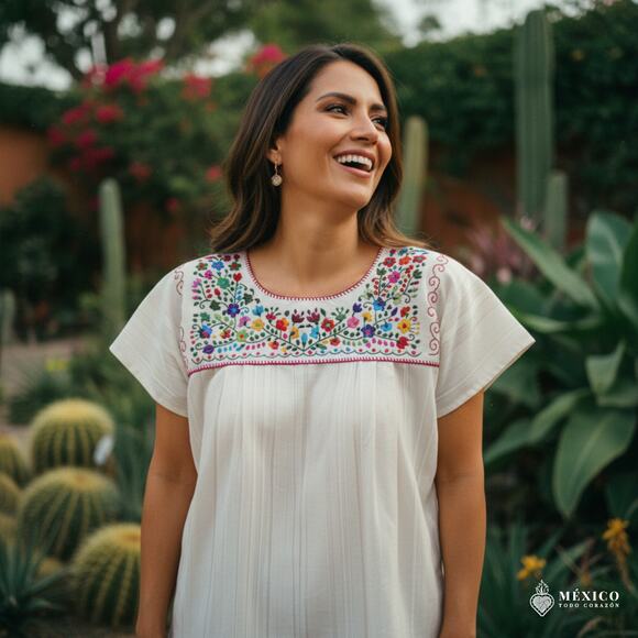 Mexican Embroidered Blouse – Handmade Otomi Floral Animals Design Large 28x23in - Picture 10 of 10